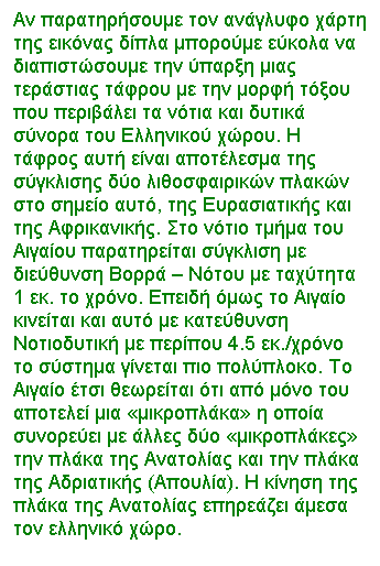 Text Box: Αν παρατηρήσουμε τον ανάγλυφο χάρτη της εικόνας δίπλα μπορούμε εύκολα να διαπιστώσουμε την ύπαρξη μιας τεράστιας τάφρου με την μορφή τόξου που περιβάλει τα νότια και δυτικά σύνορα του Ελληνικού χώρου. Η τάφρος αυτή είναι αποτέλεσμα της σύγκλισης δύο λιθοσφαιρικών πλακών στο σημείο αυτό, της Ευρασιατικής και της Αφρικανικής. Στο νότιο τμήμα του Αιγαίου παρατηρείται σύγκλιση με διεύθυνση Βορρά � Νότου με ταχύτητα 1 εκ. το χρόνο. Επειδή όμως το Αιγαίο κινείται και αυτό με κατεύθυνση Νοτιοδυτική με περίπου 4.5 εκ./χρόνο το σύστημα γίνεται πιο πολύπλοκο. Το Αιγαίο έτσι θεωρείται ότι από μόνο του αποτελεί μια �μικροπλάκα� η οποία συνορεύει με άλλες δύο �μικροπλάκες� την πλάκα της Ανατολίας και την πλάκα της Αδριατικής (Απουλία). Η κίνηση της πλάκα της Ανατολίας επηρεάζει άμεσα τον ελληνικό χώρο. 
